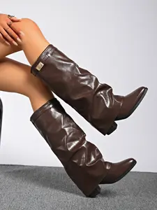 Women's Western Style Stacked Heel Boots, Metal Buckle Decorated Pointed Toe Mid-Calf Boots, Casual High-Top Textile Shoes, Cowgirl Boots, Cowboy Boots