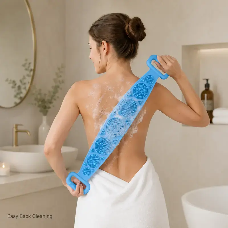 1PCS Silicone Bath Brush, Double-Sided Exfoliating Back Scrubber with Mesh Sponge, Long Body Scrub Strap with Soft Bristles & Handles, Shower Bath Tool for Back, Body Cleaning, At-Home Self Care