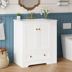 IRONCK 30" Bathroom Vanity with Ceramic Sink, Bathroom Storage Cabinet with Doors & Drawers & DIY Side Storage, Pedestal Sink Combo Set, White