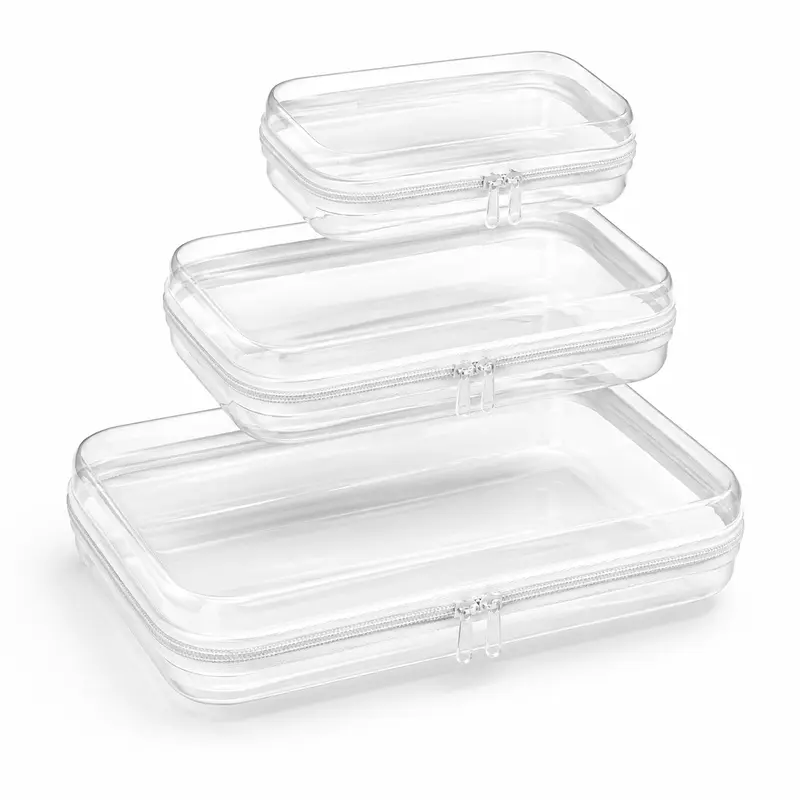 Organizer Storage Box 3Pcs/Set, Hard Zipper Case Toy Storage Bins Travel Organizer Waterproof Transparent Case Pencil Case Toiletry Pouch Cosmetic Bag White,Large Capacity,Portable & Versatile Organizer capson display crayon boxes wardrobe rack