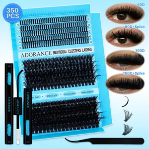 ADORANCE 350PCS Eyelash Clusters Kit Volume Lash Clusters D Curl 3 Styles Spike/60D/100D Mixed 10-18mm Lashes Kit with Bond&Seal Lash Remover Lash Applicator, Perfect for Beginners &Proficient, DIY at Home Easily, Easy Apply for Makeup Daily