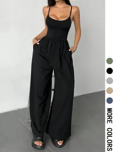Women's Solid Color Cami Jumpsuit, Casual Comfy Fit Wide Leg Jumpsuit for Summer, Women's Jumpsuit for Daily Wear