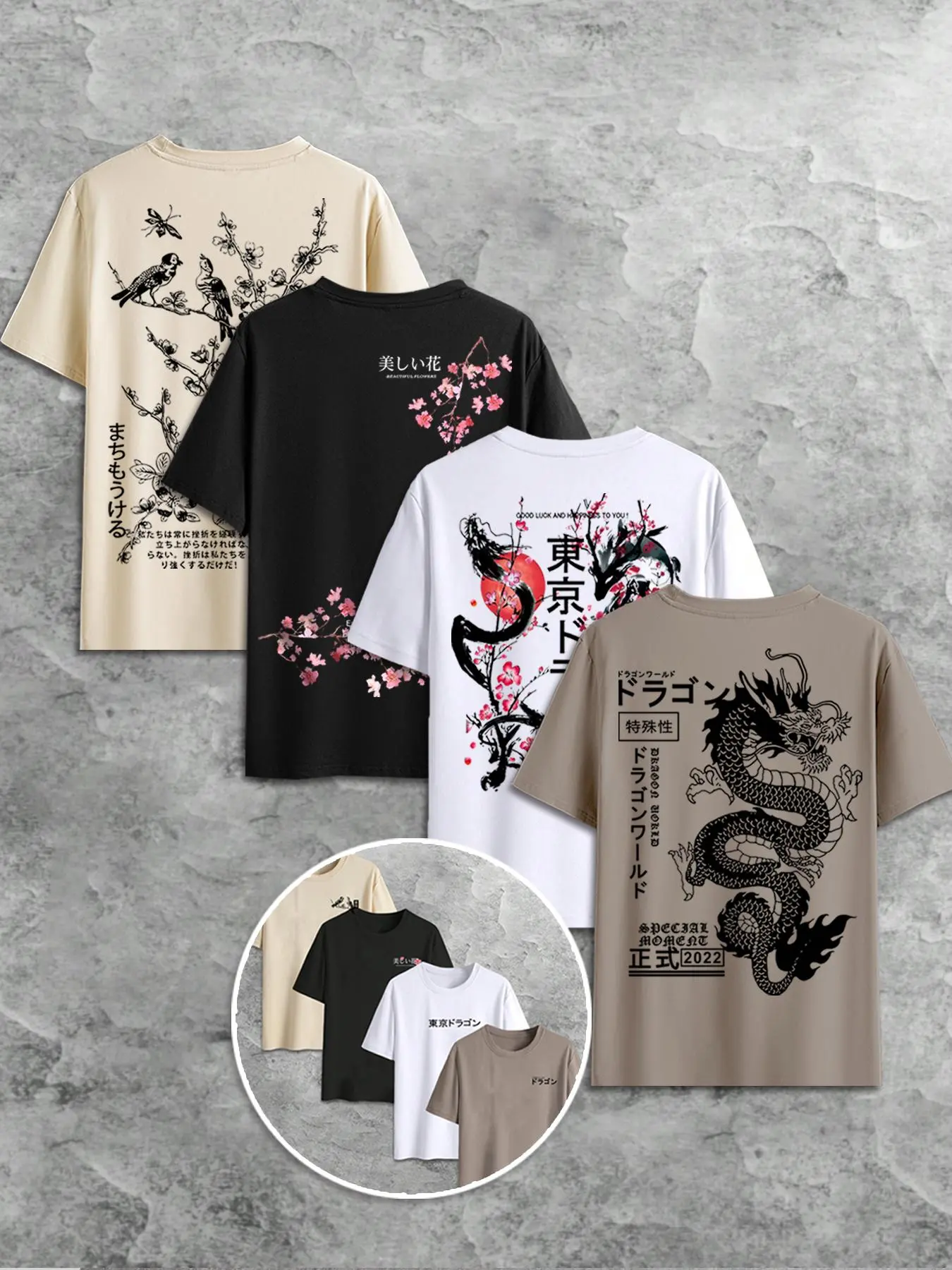 Men's Dragon & Japanese Character Print Round Neck Tee, Regular Fit Casual Short Sleeve T-shirt for Summer, Casual Fashion Wear, Tropical, Streetwear, Casual Fashion Clothing