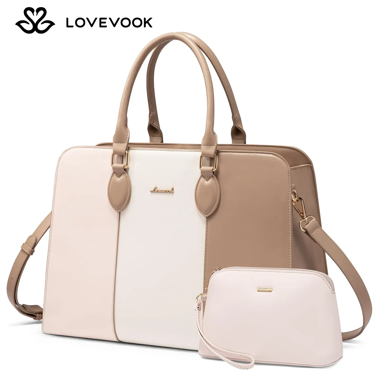 LOVEVOOK Laptop Tote Bag for Women, Stylish Leather Shoulder Bag with Small Pouch, Color Block Crossbody Bag for Commuting, Office, Business Trips TikTokShopBackToSchool
