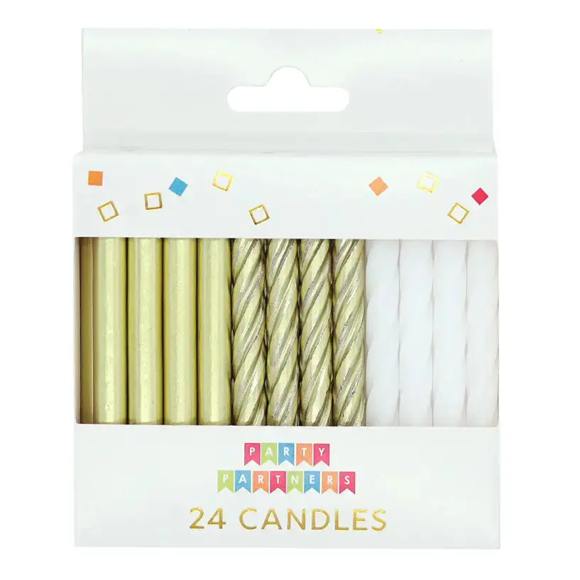 Gold & White Birthday Candles (24 Count) | Metallic Birthday Cake Candles