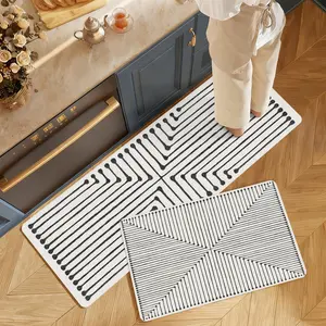 Kitchen Area Rug Set, 0.4cm Low-Clearance Washable Non-Woven Runner Mat, Minimalist Black and White Design for Kitchen, Laundry Room