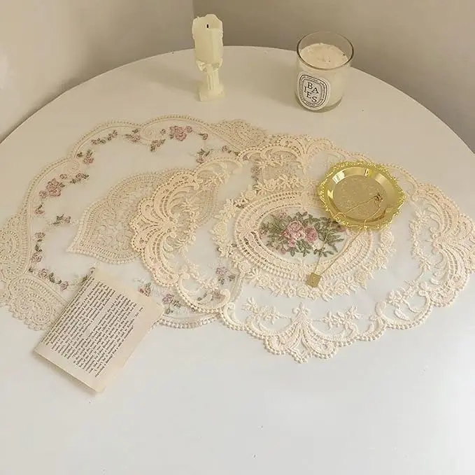 4pcs Vintage Floral Embroidery Lace Doily Placemat, Oval Sheer Mesh Table Runner Coaster, Elegant Hollow Lace Table Decor for Coffee Table Candle Vase