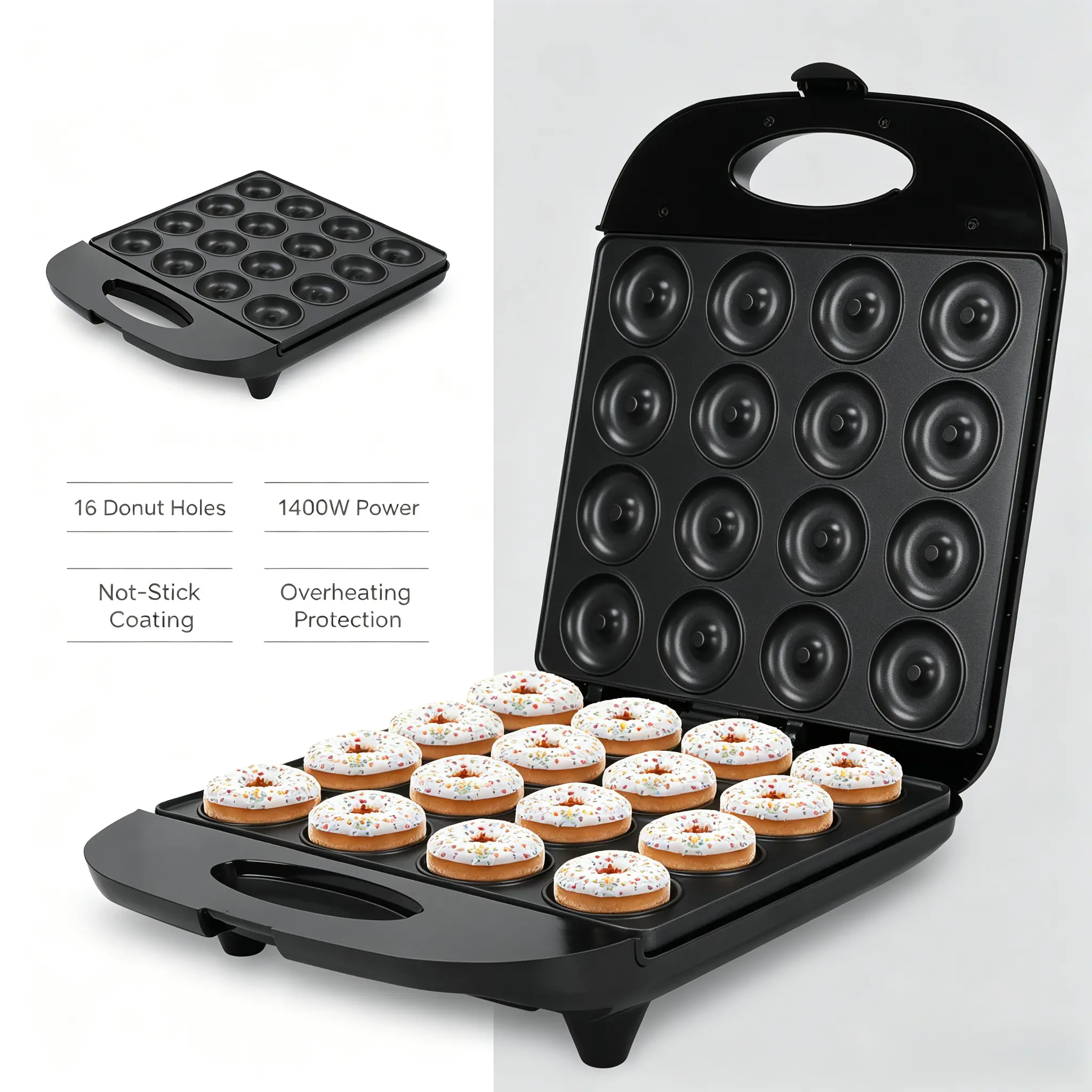 Corded Compact Mini Donut Maker Machine (1 Pack) - 16 Non-Stick Donut Holes, Double-Heat Plates, Overheat Protection, Kids Safe, US Plug - Ideal for Kids Snacks, Breakfast, Coworker Gift (Home & Party Supplies) -- favor feliz Kitchen Appliances