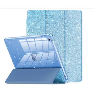 for iPad 9th/8th/7th Generation - 10.2 inch Glitter Case, Blue with Clear Back, Pencil Holder for Kids, Blue
