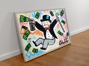 Alec Monopoly - Jumping Monopoly Man - Canvas Wrap | UV Printed Poster | Floating Framed Canvas | Framed Art Decor | Acrylic Print Dollar Bills Wall Art Decor, Gift  Home House Decor, Birthday Gift Dorm, Handmade, Custom Made