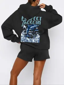 【Plus Size】 Dolphin & Letter Print Hoodie, Casual Long Sleeve Drawstring Hooded Sweatshirt for Fall & Winter, Women's Clothing for Daily Wear