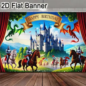 2D flat banner, 1pcFairy - Tale Happy Birthday Castle Backdrop, Medieval Dragon & Knight Party Decorations with Turrets & Golden Banner