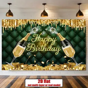 2D Flat Green & Gold Glitter Reusable Polyester Birthday Banner, 1pc Home Decor - 49.46m Vibrant Shimmer Wall Backdrop, Photo Prop for Indoor Party Supplies
