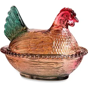 Vintage Glass Hen on Nest Dish with Lid - Large Pedestal Rooster Glass Candy Bowl, Colorful Crystal Candy Jar for Snacks, Dessert, Cookies |   Home Kitchen Office Tabletop Decor