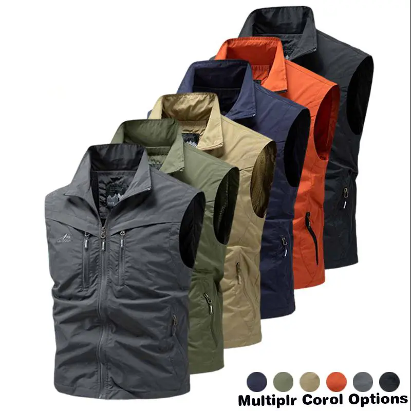 Men's outdoor quick drying breathable vest with multiple pockets, wear-resistant fishing photography stand collar workwear vest