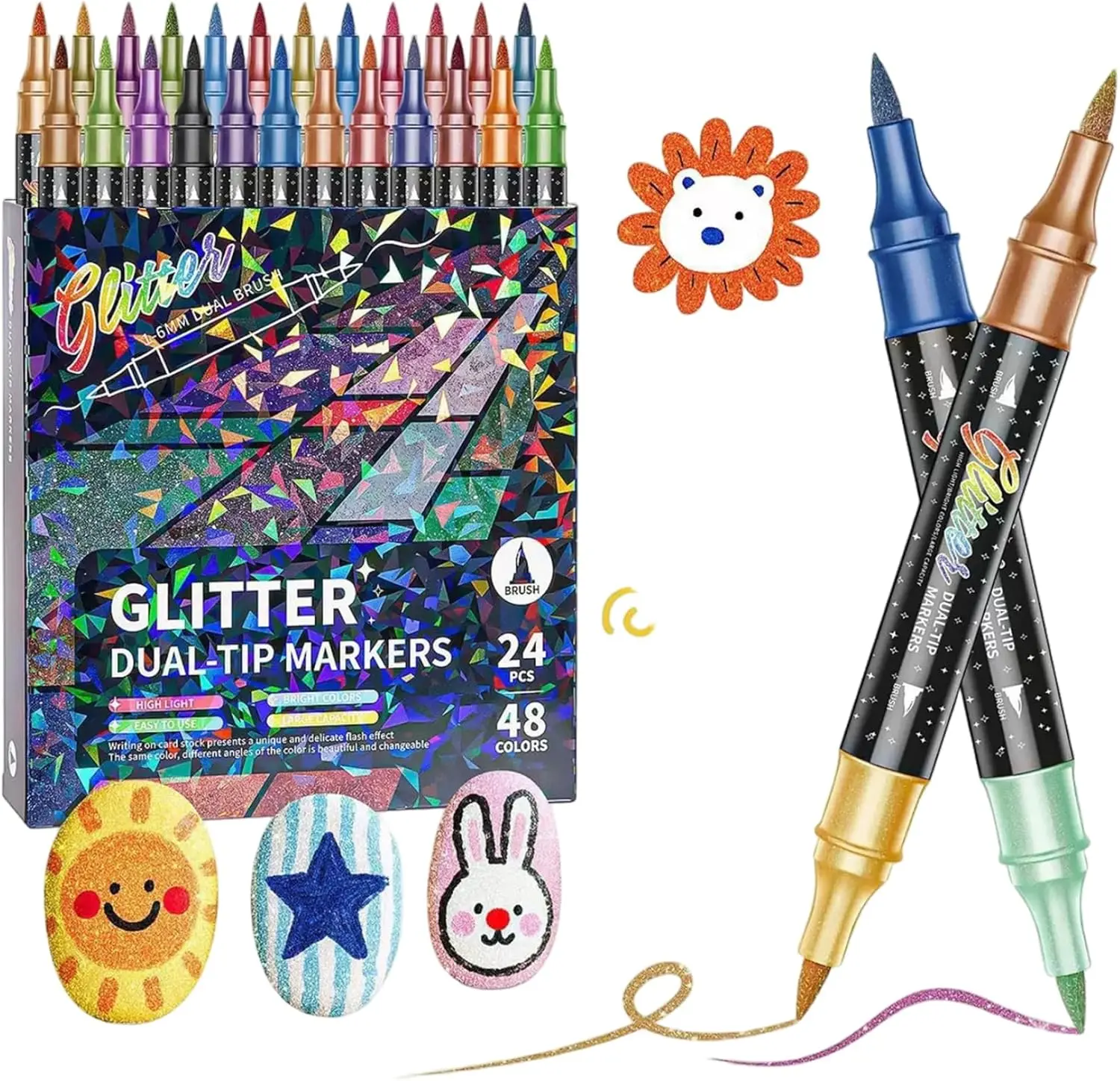 48 colors with 1–6 mm brush tips for nail art and coloring | 24-pack dual-tip glitter acrylic paint markers, shiny finish, suitable for cards, DIY crafts, scrapbooks, and journals