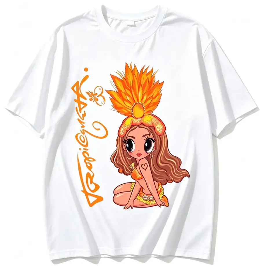 100%Cotton Cute Orange Feather Headdress Tropical Hawaiian Hula Girl Cartoon Tropicguatra Cursive Script Graphic T Shirt Summer Vacation Exotic Beauty Print Loose Fit Lightweight Cotton Short Sleeve Women Casual White Tee