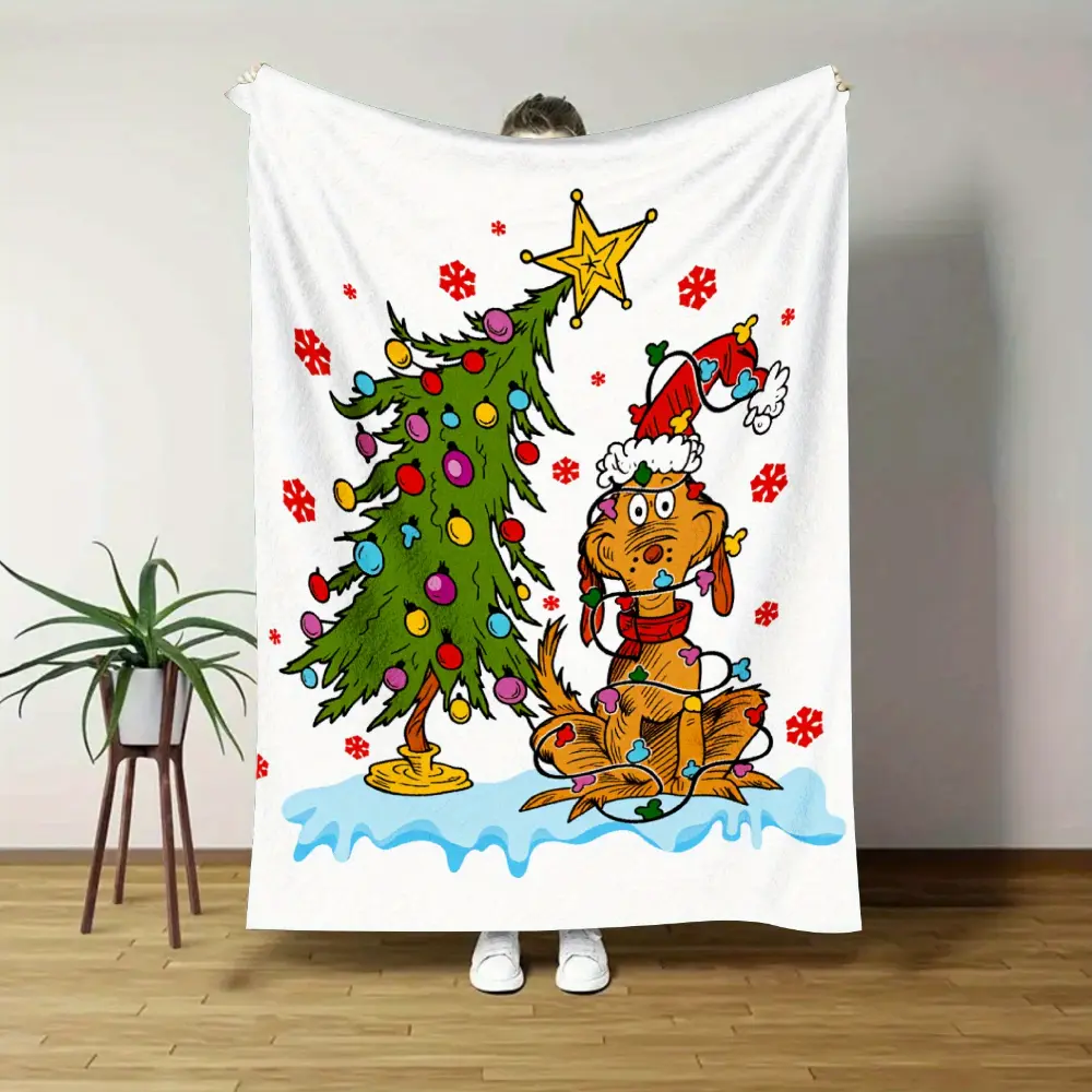 Cute Christmas Blanket, Dog Lover Holiday Throw Blanket with Christmas Tree Design, Soft Plush Fleece Blanket for Couch Sofa Bed, Cozy Winter Home Decor, Xmas Gift for Kids Family and Pet Lovers, Festive Holiday Room Decoration