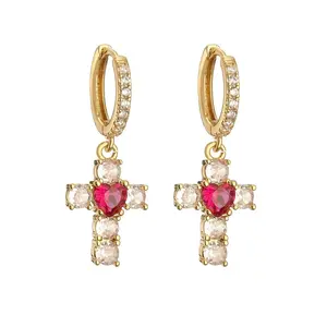 LisiZen Cross-border Light Luxury Copper Inlaid Red Zircon Heart Cross Ear Clip Necklace Set Unique Jewelry for Women Earrings DZEH5842