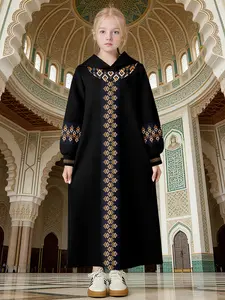 Girls Hooded Abaya with Orange Geometric Embroidery, Kids Modest Islamic Kaftan Dress, Black Eid Abaya for Girls