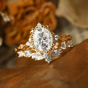 S925 Sterling Silver Women's Stackable Ring Set – Elegant Champagne-Tone Floral Vine & Oval Zirconia Wedding Band, Festival Gift for Mom, Luxury Jewelry for Her