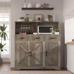 Farmhouse Entryway Sideboard Cabinet, Rustic Barn Door Design Wooden Storage Cabinet with Drawers & Open Shelves, Multifunctional Microwave Stand Coffee Bar Buffet Cabinet for Kitchen Dining Living Room