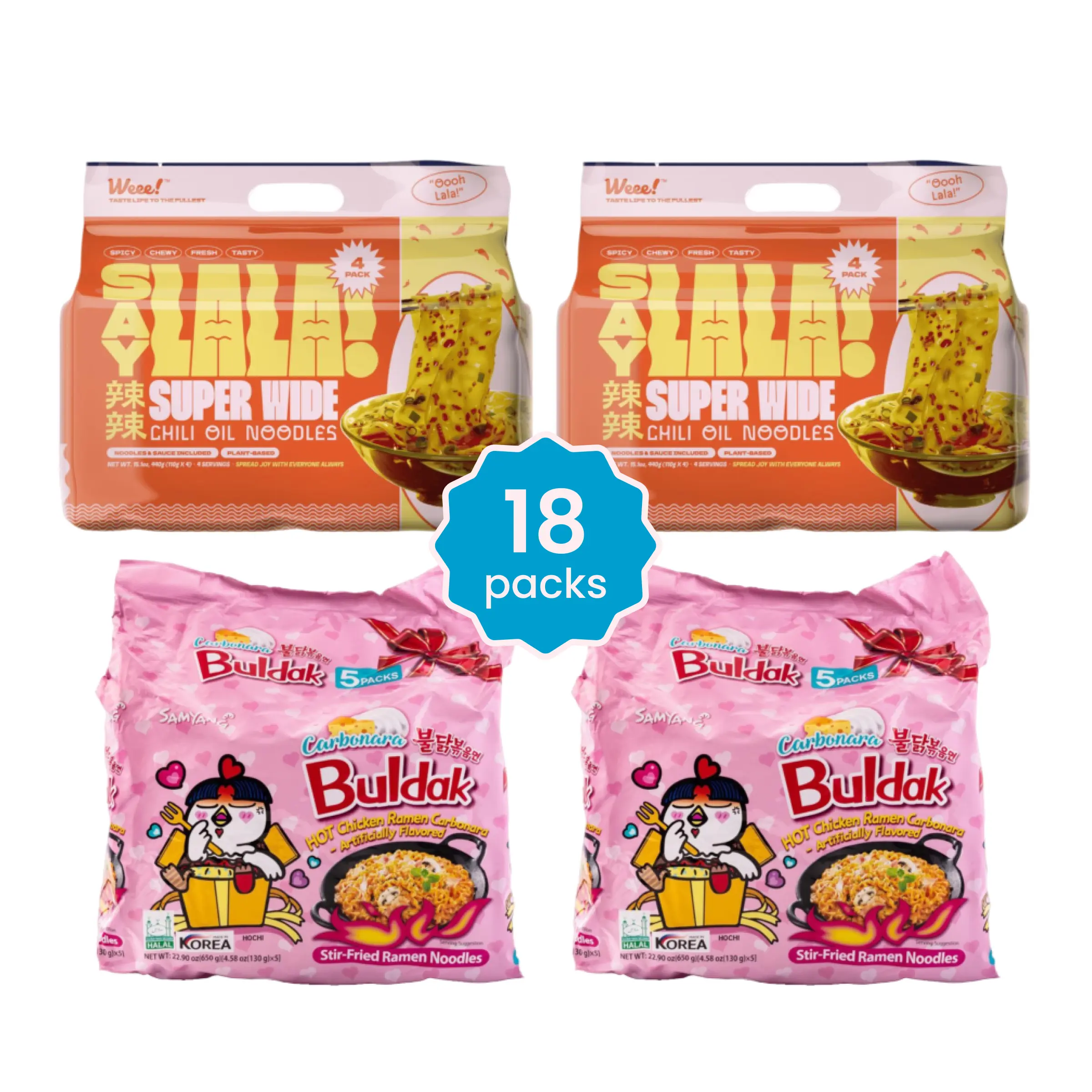 SAYLALA Super Wide Chili Oil Noodles (2 bags) & Samyang Buldak Carbonara (2 bags) | Instant Ramen Noodles