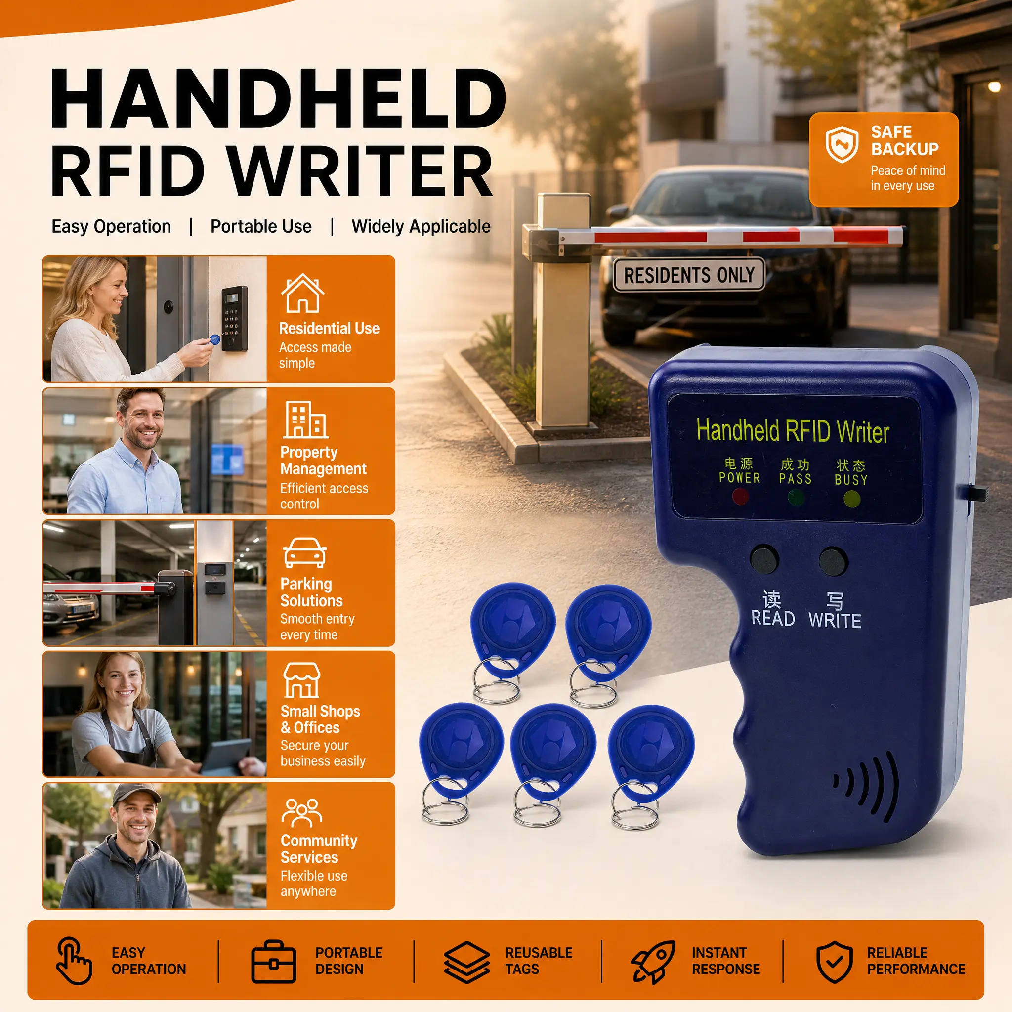 Handheld 125KHz RFID ID Card Writer & Key Fob Duplicator - Dual-Freq. Portable Copier Machine with Pass Light for Smart Home Access Control