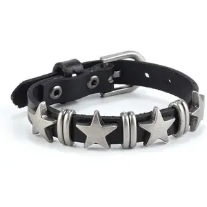 Punk Leather Bracelets Rhinestone Studded Bracelet Gothic Rock Bracelets Black Cuff Wristband for Women and Men