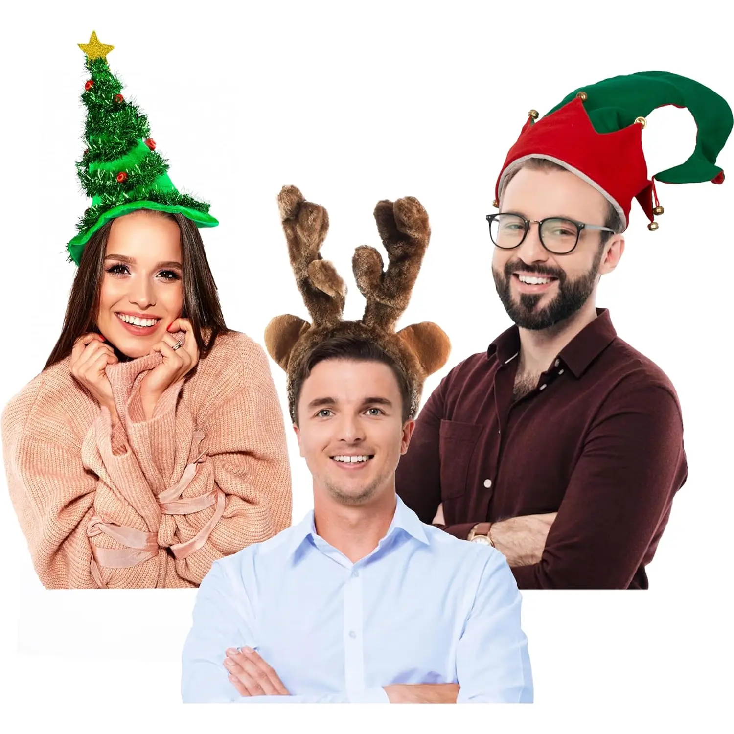 Funny Party Hats 3 Pack - Plush Christmas Holiday Dress up Hats- Christmas Hats - Tree Hat - Santa Hat - Elf Hat Funny Party Hats