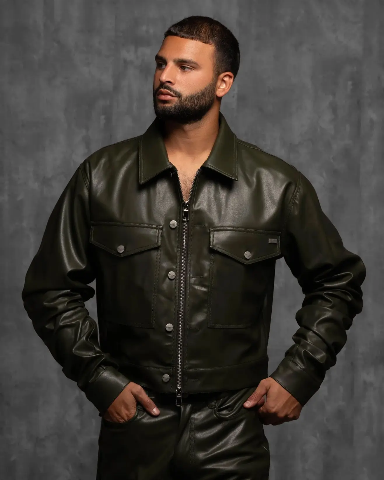 Men's Vegan Leather Jacket - Alexander Style Boxy Zip-Up Top with Ruched Long Sleeves and 2 Patch Pockets, Tops, Menswear, Coats, Matching, Stylish, Fashion