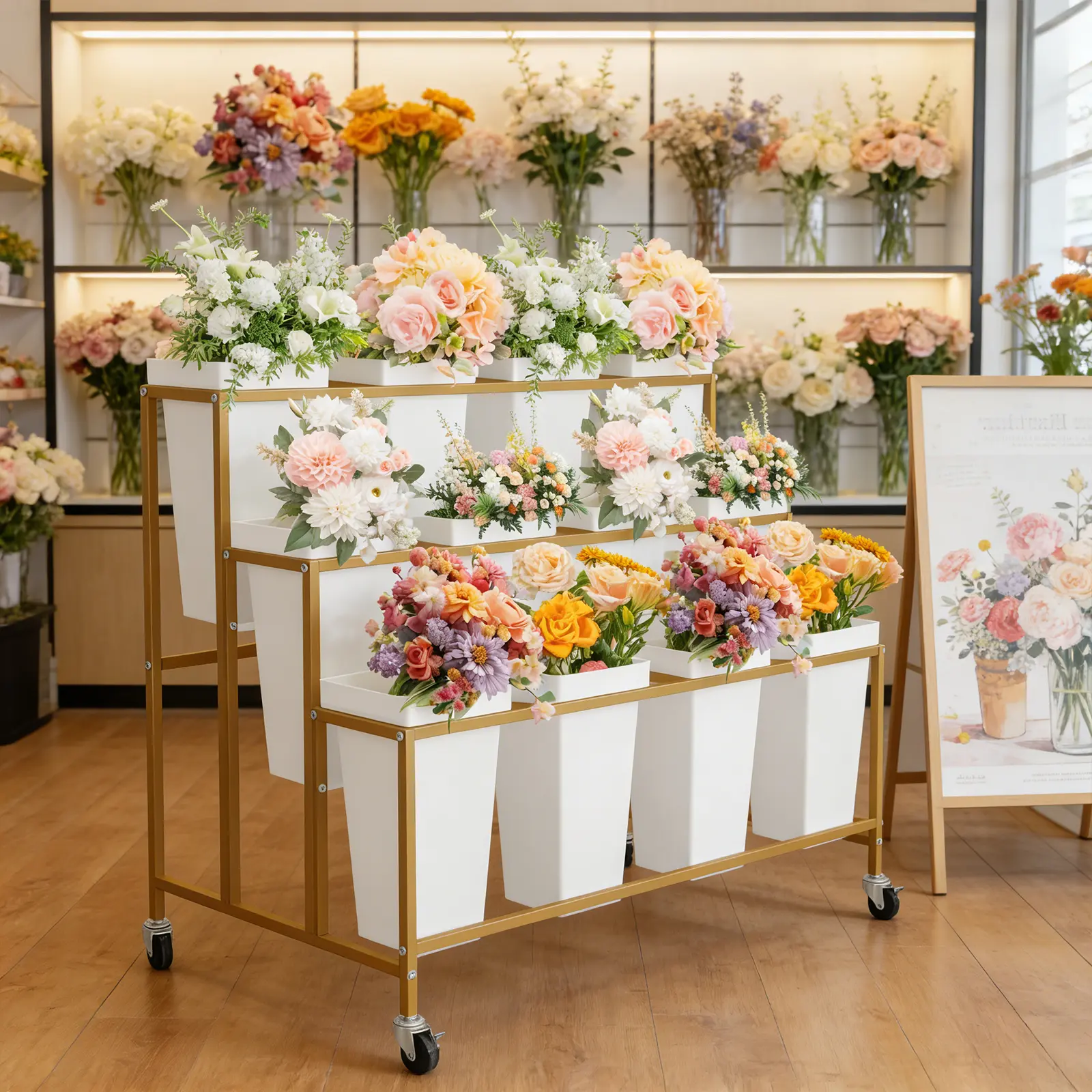 Garvee 3-Tier Mobile Flower Cart - 12 Removable Buckets, Modular Design, Rolling Plant Display Rack for Florists, Weddings