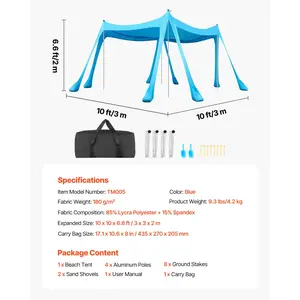Summervibes VEVOR Beach Tent Sun Shelter, UPF50+ Sun Protection, 6.6 ft Tall, 10x 10 ft, Easy Pop Up Beach Canopy with Sandbags, Stability Poles, Sand Shovels, Portable Shade for Family, Camping, Fishing, Blue