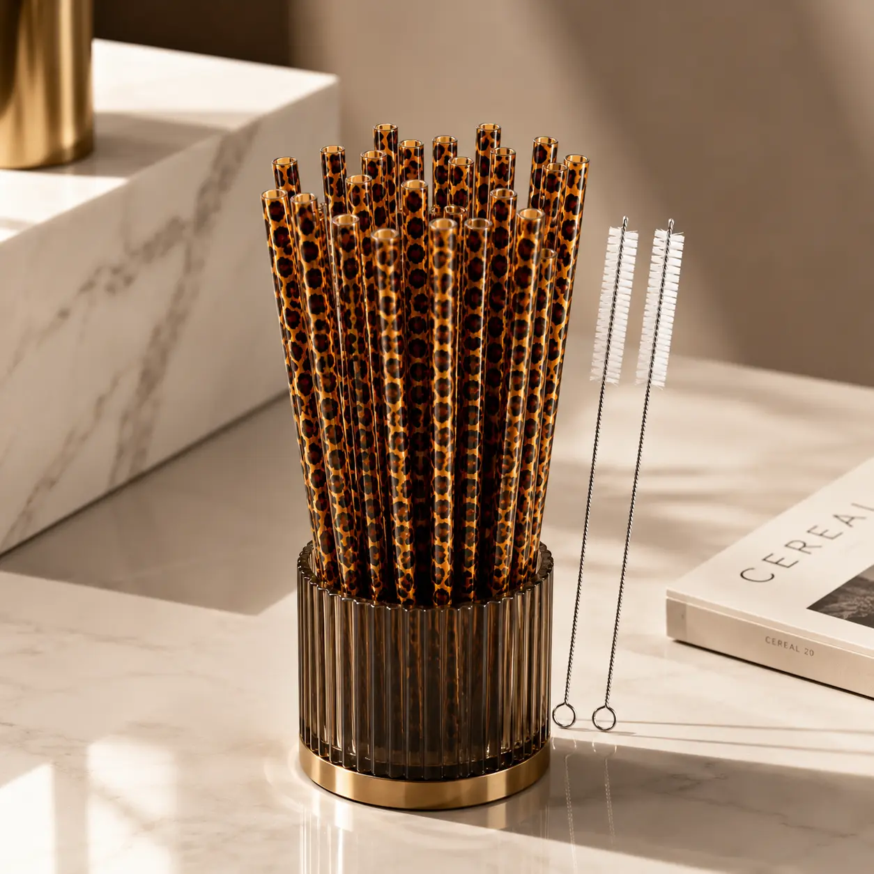 Reusable Plastic Straws, 20/40/60 Bulk Pack Leopard Print Straws for Tumblers, Animal Theme Party Favors for Women, with Cleaning Brush, Cheetah Print, Parties, Printed, Includes Cleaner