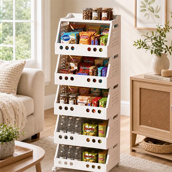 UFORU 2-5 Tier Modular Stack Fit PP Plastic Rolling Cart with Wheels - Foldable, Freely Combinable Storage Organizer Rack for Storage Organization, Apartment Stuff (Kitchen, Bedroom Use)