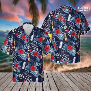 Michelob Ultra Beer Bottle Hawaiian Shirt Red Hibiscus Tropical Leaf Print Beer Fan Gift Unisex Loose Fit Casual Beach Summer Spring Festival Streetwear Breathable Aloha