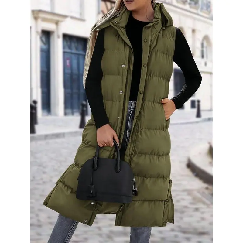 Women's Long Quilted Hooded Button-Front Sleeveless Puffer Vest, Basic Winter Casual Outerwear, Comfortable Multi-Size (Up to 3XL) Sports & Outdoor Clothing