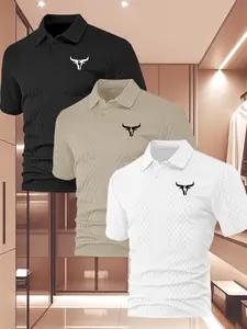 Men's Chic Fashion Casual Polo Shirt Inspired by Bull Head Pattern, Short Sleeve Graphic Design, Elastic Fit, Perfect for Summer Sports & Casual Activities, Menswear Top