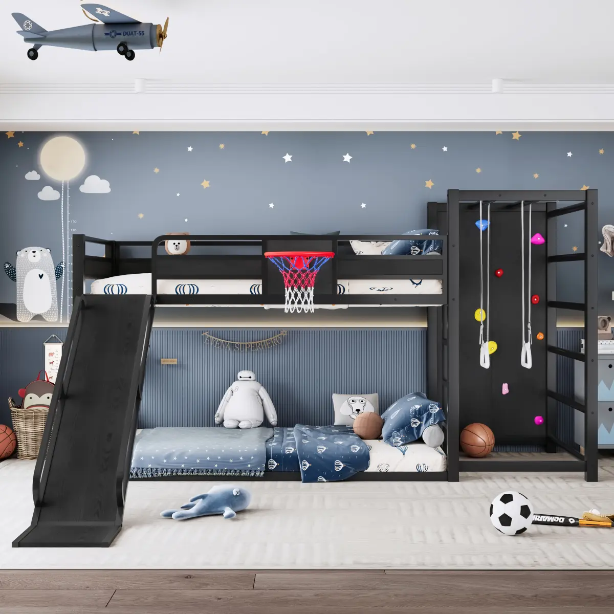 Twin XL Metal Loft-Bunk Bed - Black Modern  Unique Bedroom Furniture with Basketball Hoop, Pull-Up Rings, Climbing Wall, Built-In Bookshelves, Slide, 111.8"l x 41.7"w x 62.2"h, Assembly Required