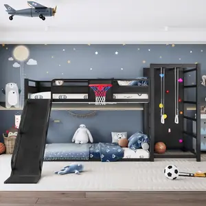 Twin XL size metal loft/bunk bed with basketball hoop, pull-up rings, climbing wall, and built-in bookshelves.Playful's design featuring a slide,Black.