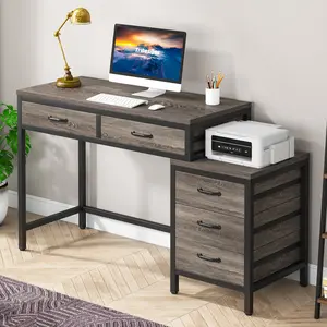 LITTLE TREE Computer Desk with 5 Drawers, Home Office Desks with Reversible Drawer Cabinet Printer Stand, Industrial PC Desk with Storage, Rustic Study Writing Table Workstation for Small Spaces, Bedroom, and Dorm Room