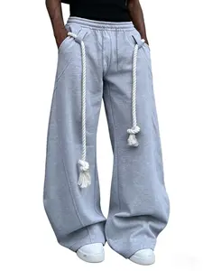 Men's Streetwear Baggy Wide Leg Sweatpants, Casual Sporty Loose Fit Track Pants with Extra Long Thick Drawstring, Comfortable Joggers for Daily Wear