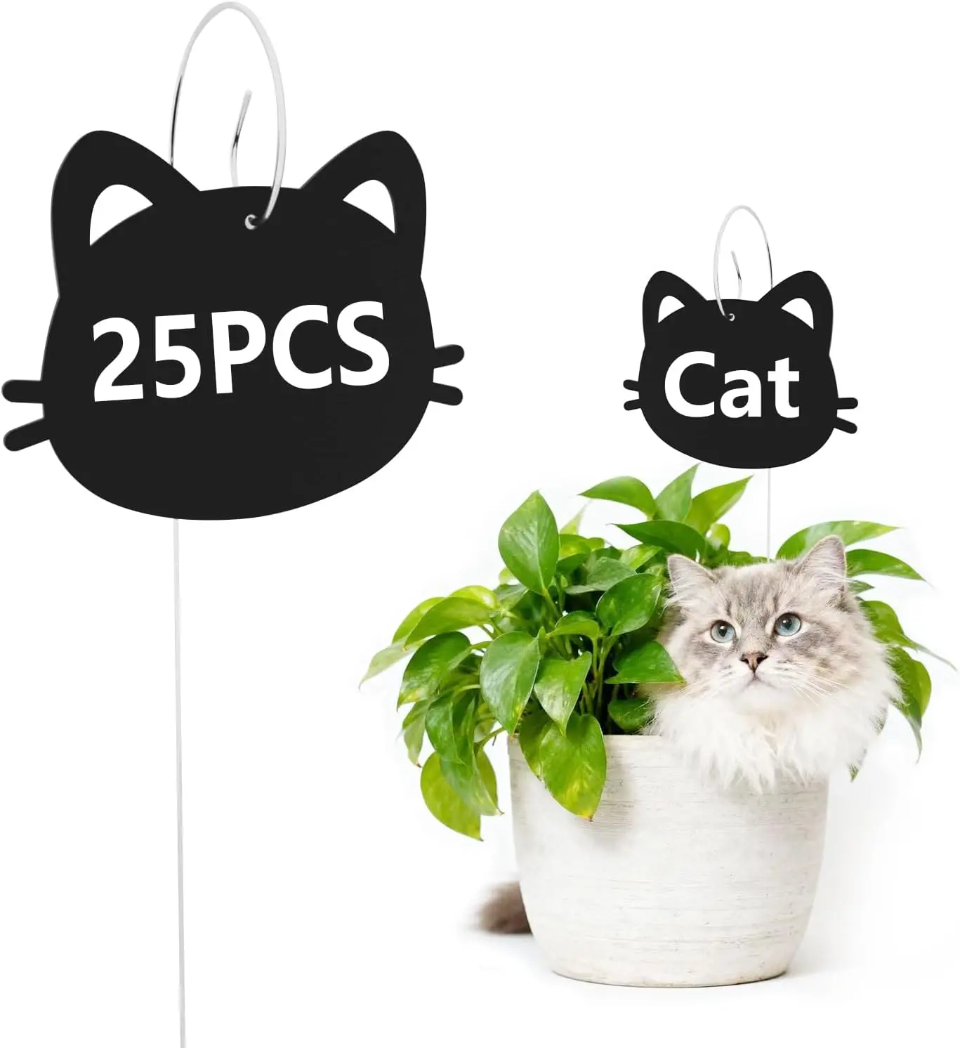 25 Plant Markers - Iron Metal Garden Markers with Cute Cat Head Attractive Design, Weatherproof Rust Resistant Multi-Use Metal Speciality Plaques & Signs, Seedling Stakes with DIY White Writing Pen, Gardening Supplies, Gift for Plant Lovers