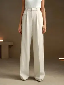 Women's Solid Pocket Straight Leg Pants, Elegant Fashion Casual Street Trousers for Work Office Business, Ladies Bottoms for All Seasons