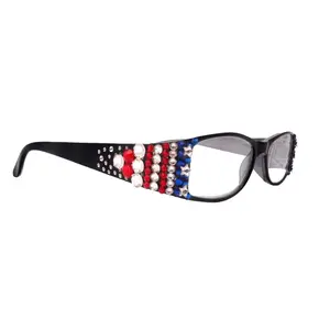 Merkel Bling Women Reading Glasses Adorned with Genuine European Crystals in USA Flag Colors Red Clear Blue NY Fifth Avenue Aspheric Scratch Resistant