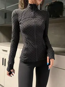 New Plush Polka Dot Jacket, Zip Front Jacket, Slim Fit Stand Collar Long Sleeve Sport Coat, Stylish Quick-Dry Breathable Outerwear