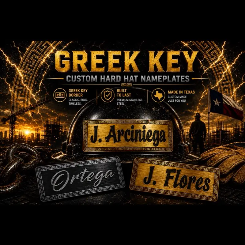 Greek key Name Tag Personalized Hard Hat Name Tag Stainless Steel | Veteran Made Personalized Welder & Refinery Name Tag | Polished Metal Badge for Tradesmen, Linemen & Blue Collar Workers