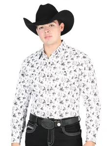 El General Men's Long Sleeve Western Fashion Snap Button Shirt - White/Multi 44327