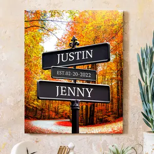 Crossroads Sign Couple's Name and Date on Street Sign Autumn landscape Canvas Prints Love Gift for Anniversary,Wedding,Birthday and Holidays