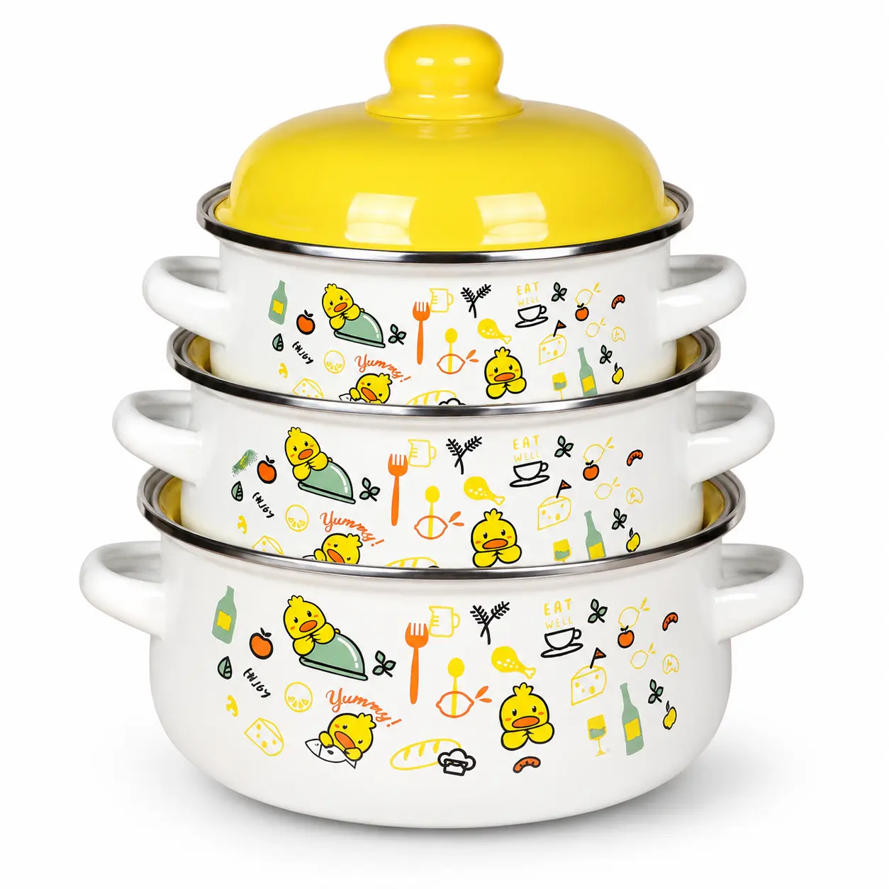 3 Piece Enamel Stock Pot Set 1L/1.5L/2.2L, Non‑Toxic Handcrafted Cookware, Multi‑Size Cute Cartoon Floral Pastel Cooking Pots, Heat Resistant Double Handles, Easy Clean Enamelware, Kitchen Essentials for Soup Stew Porridge Baby Food Family Cooking gift
